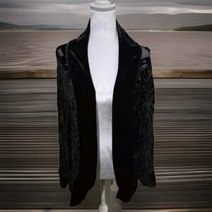 Ethos Burnout Velvet Kimono Jacket‎ Open Front Sz Medium Black Sheer Witchy